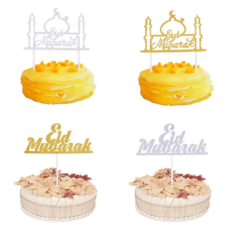 Gold Silver Glitter Eid Mubarak Cupcake Toppers EID Ramadan Festival Bunting Islamic Muslim Mubarak Party Decoration