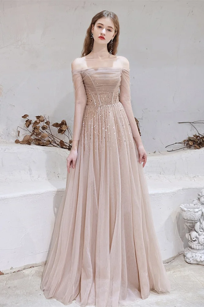Luluslly Off-the-Shoulder Tulle Sheer Long Sleeves Prom Dress With Sequins