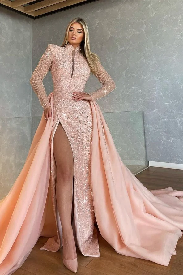 Daisda  Long Sleeves High Collar Sequins Light PinkMermaid Evening Dress With Split