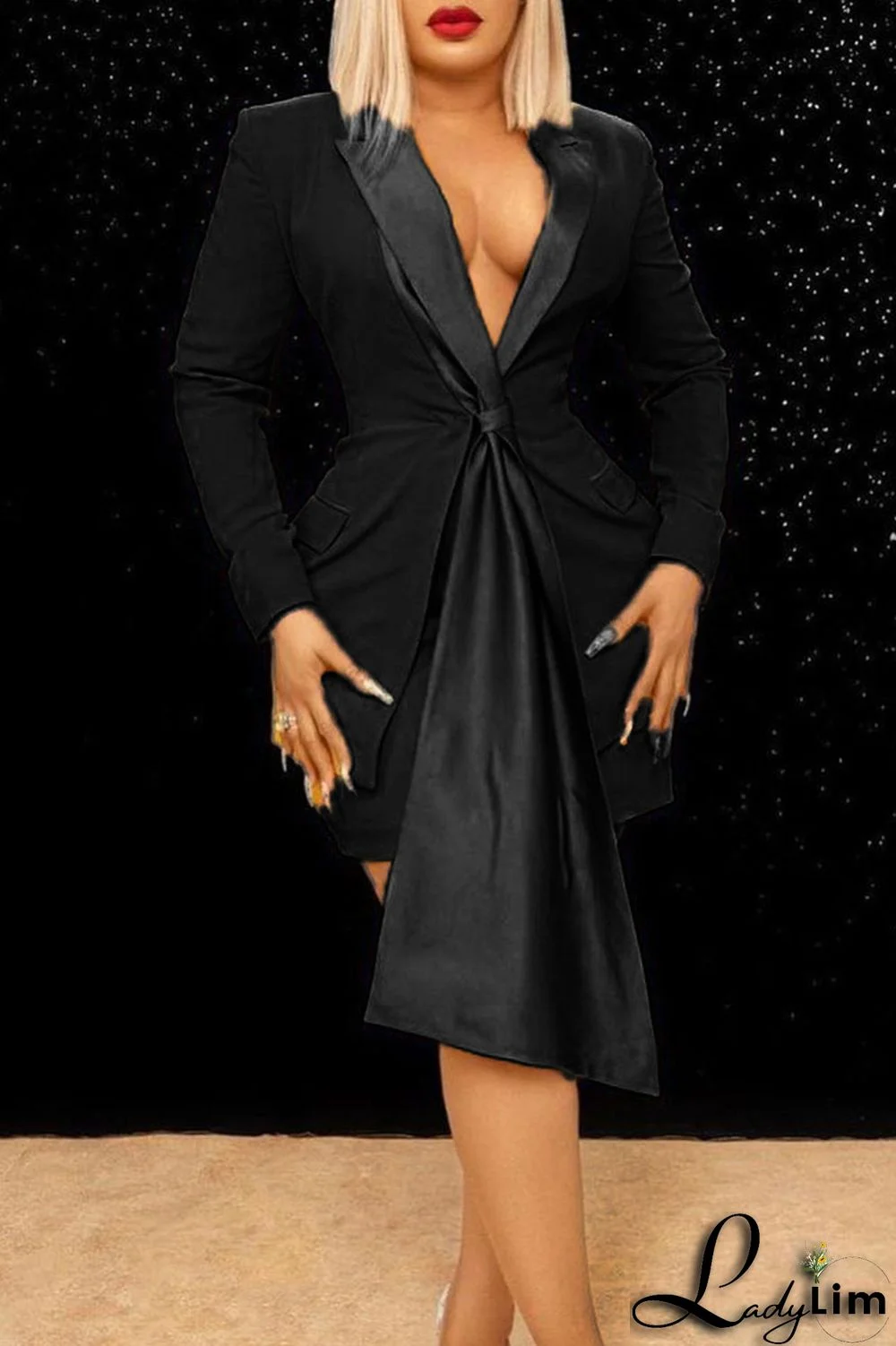 Blue Sexy Solid Split Joint Turn-back Collar Long Sleeve Two Pieces