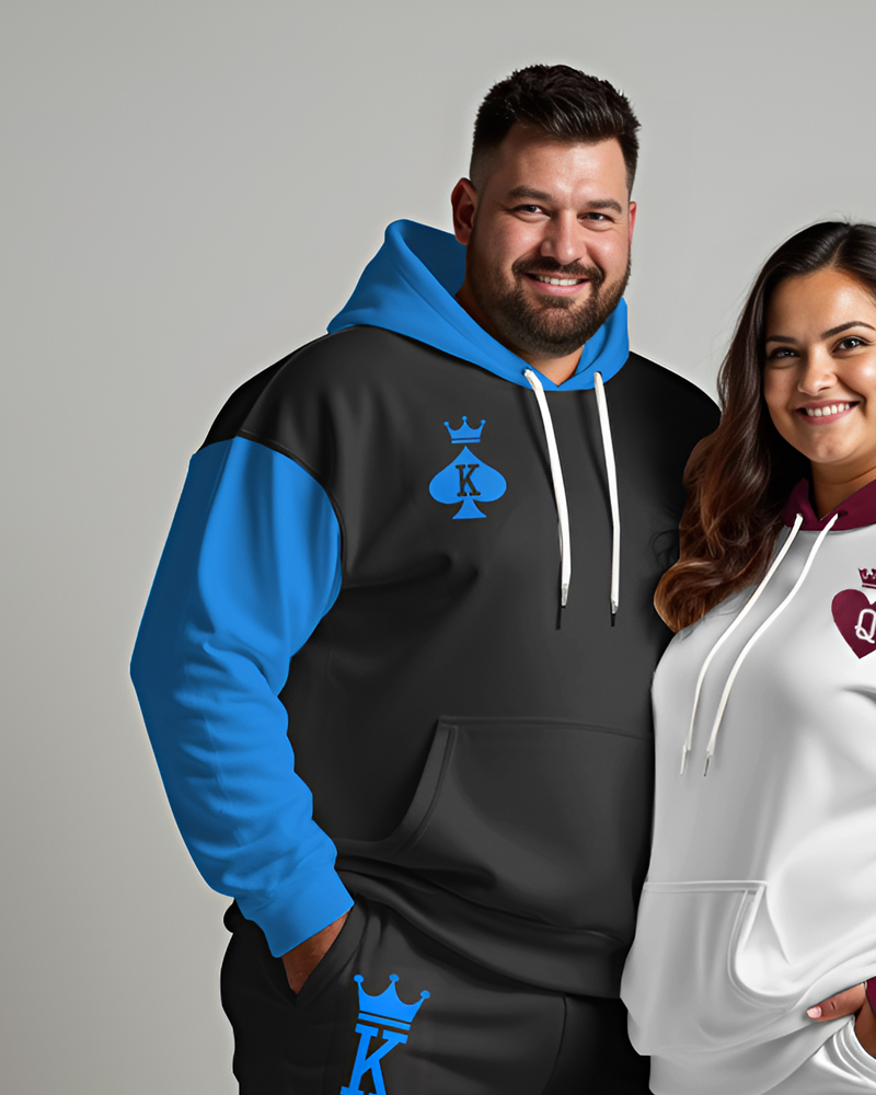 Couple Plus Size Contrast Color Playing Cards Print Hoodie Set