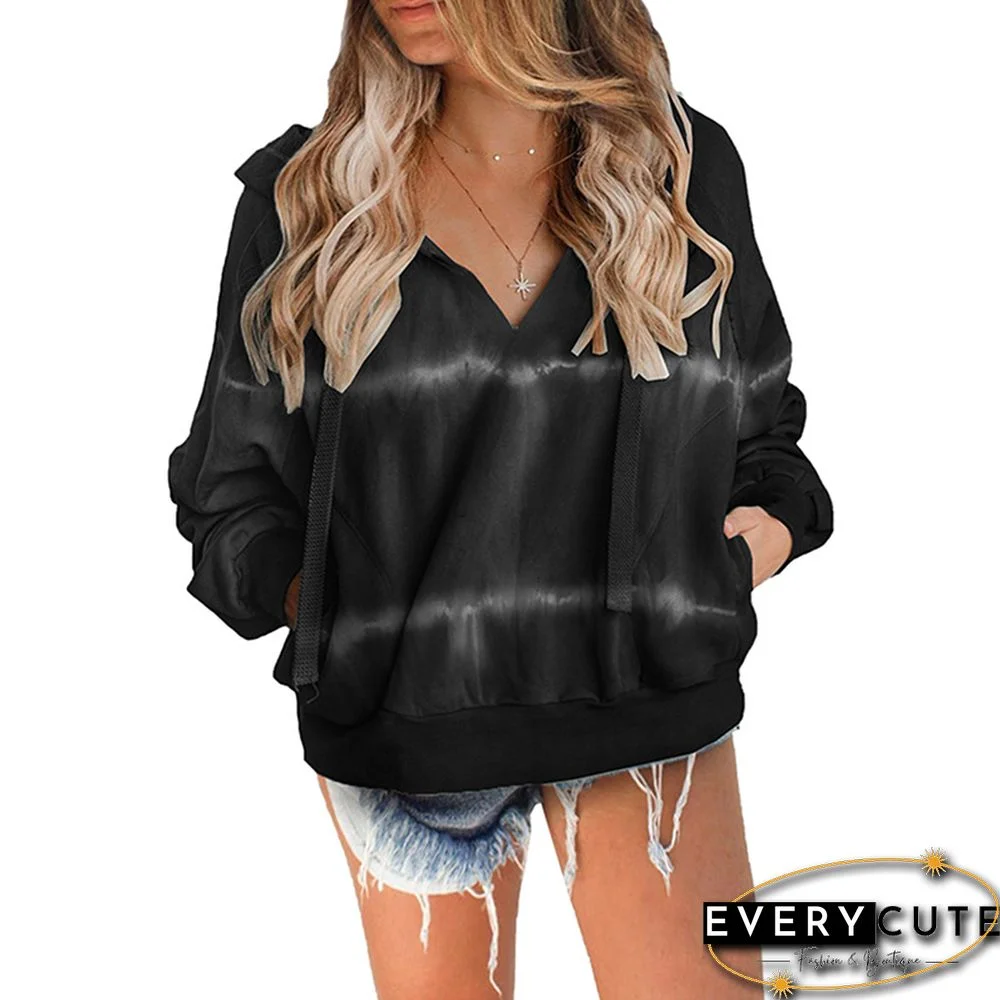 Black V Neck Tie Dye Print Hoodie