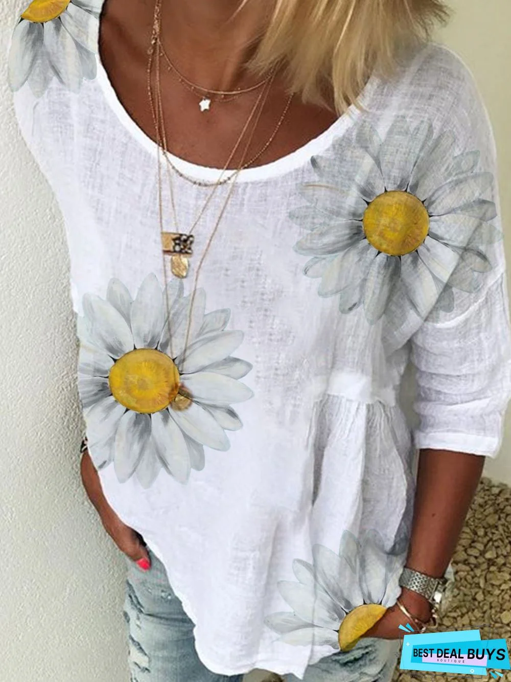 Floral Crew Neck Loose Cotton-Blend Tunic Sweatshirt