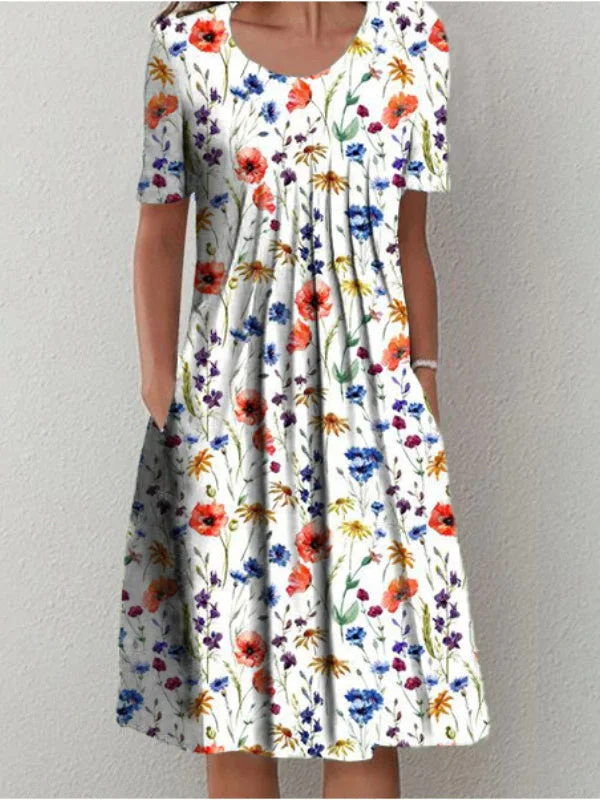 Women Short Sleeve Scoop Neck Floral Printed Polka Dot Graphic Midi Dress