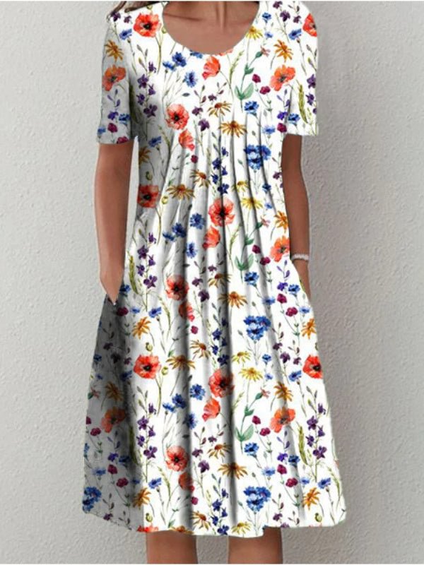 Women Short Sleeve Scoop Neck Floral Printed Polka Dot Graphic Midi Dress