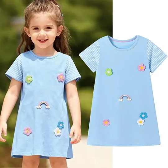 【18M-7Y】Girls' Striped Cute Dress With 3D Rainbow Flower