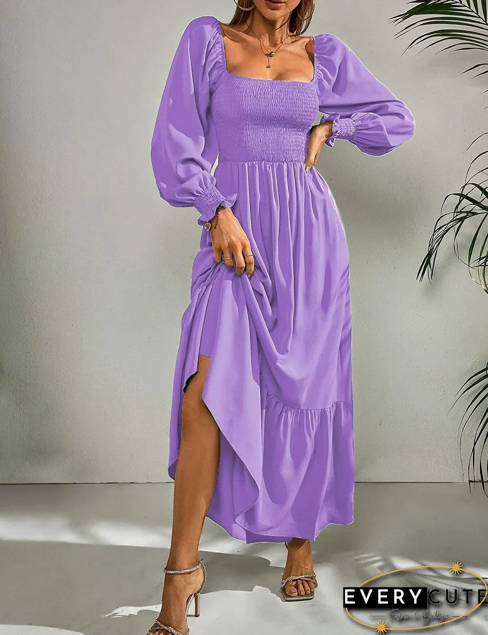 Purple Square Neck Pleated High Waist Maxi Dress