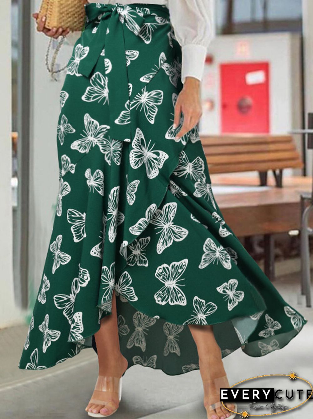 Butterfly Print Elastic Waist Ruffle Hem Mermaid Skirt