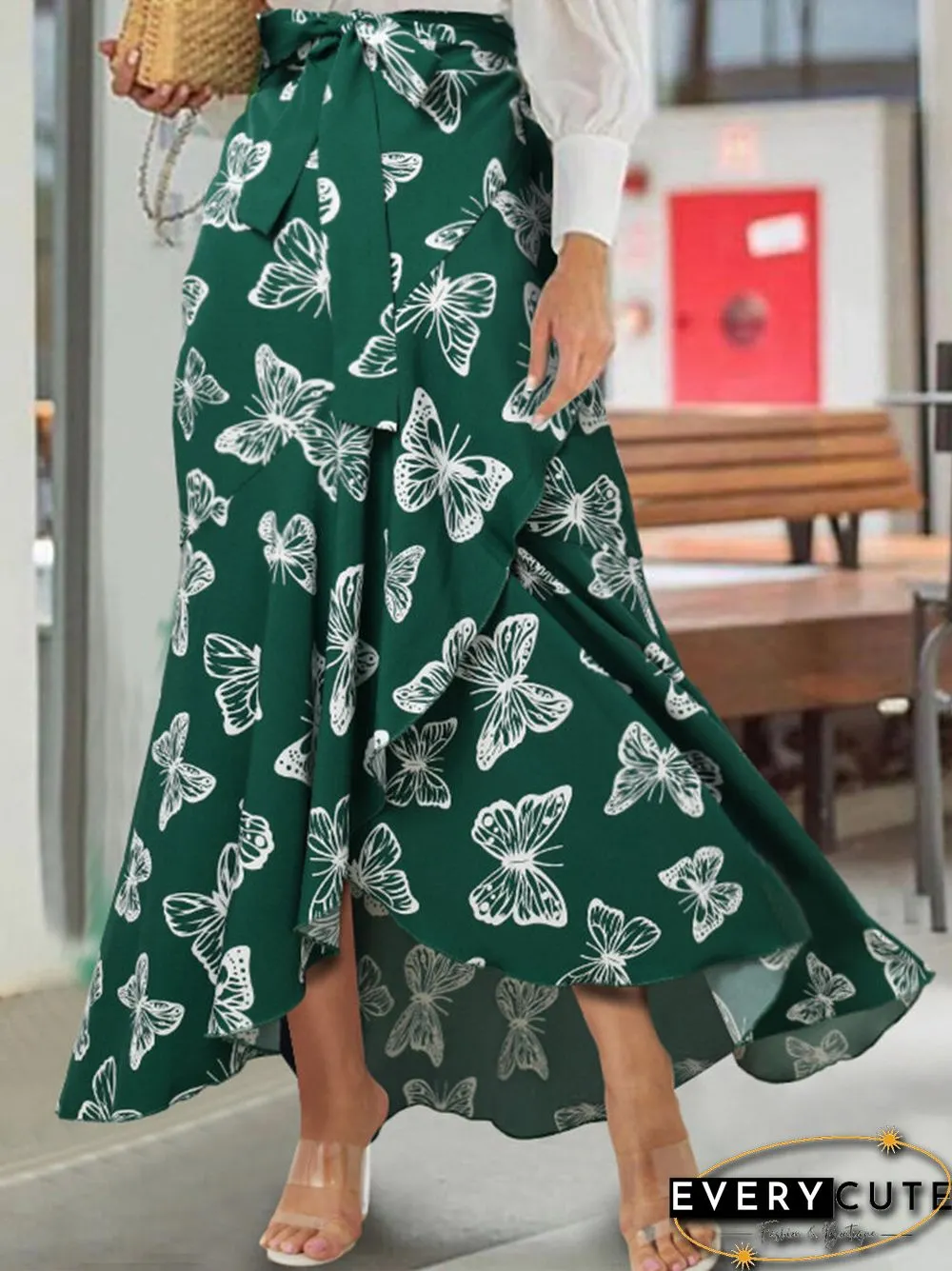 Butterfly Print Elastic Waist Ruffle Hem Mermaid Skirt