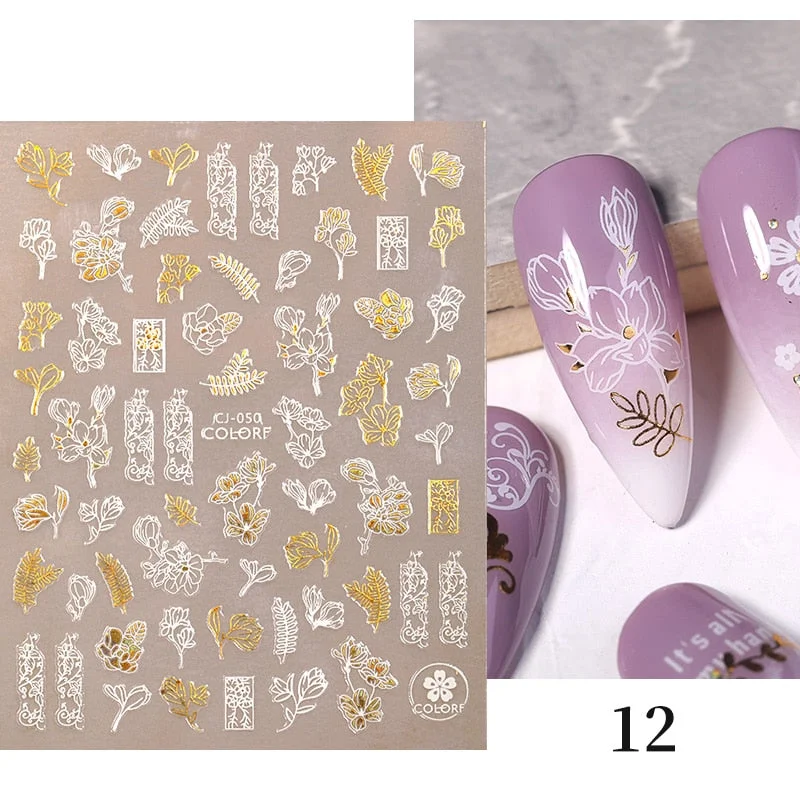 1 Pc White Gold Laser Leaves 3D Nail Stickers Leaf Cute Spring Sliders for Nails Flowers Adhesive Sticker Nail Art Design Decal-Nail Inspo