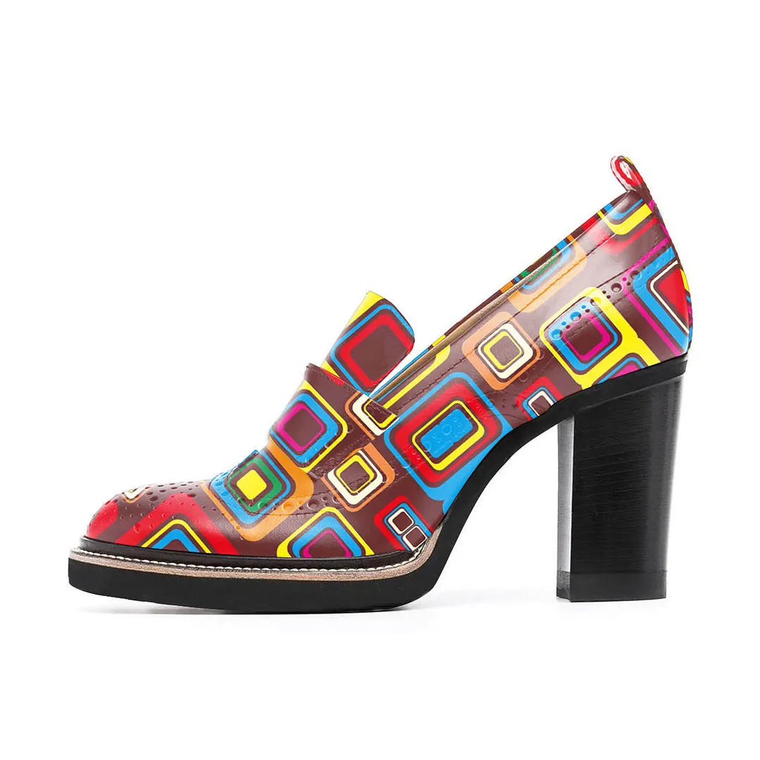 Multicolor Square Print Round Toe Brogue Style Chunky Heeled Loafers