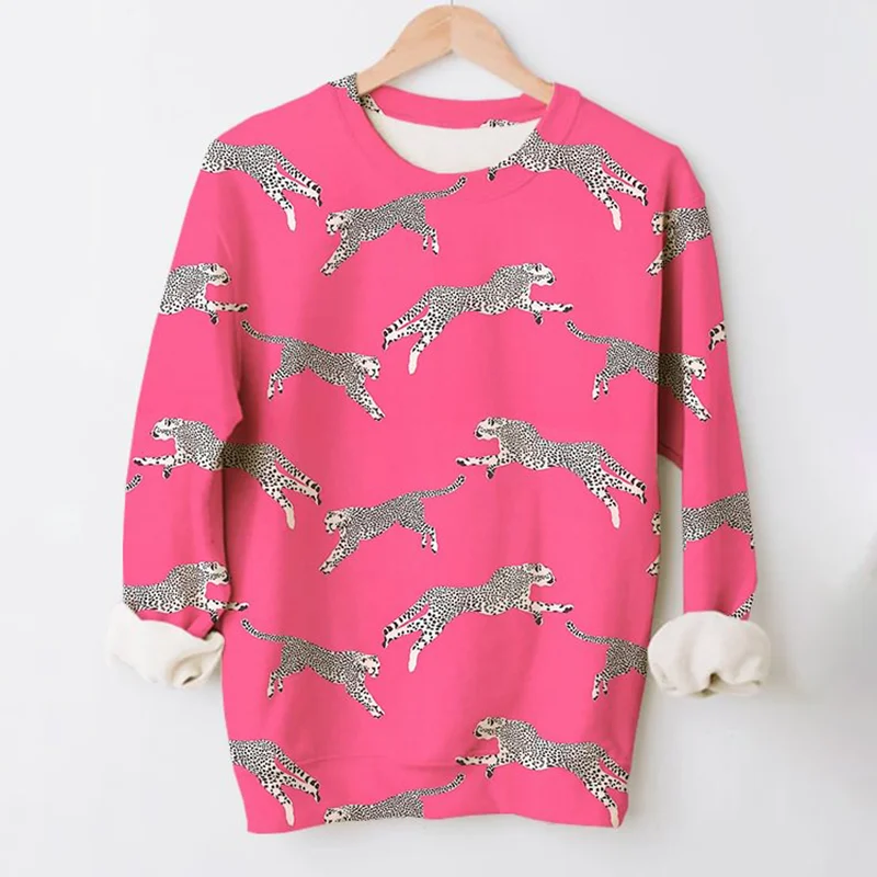 Cheetah Print Long Sleeve Round Neck Sweatshirt