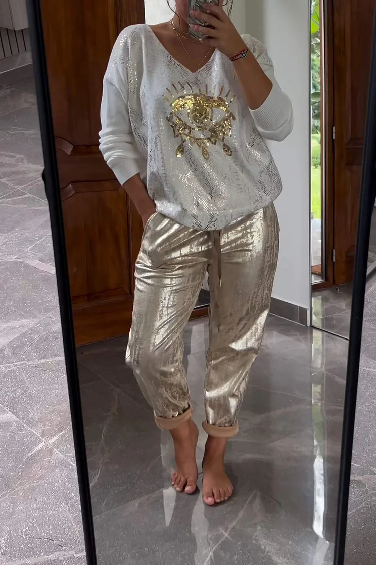 Fashionable Sequin Top And Bronzing Trousers Two-piece Set