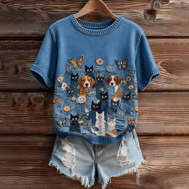 Women's Dogs Art Cozy Short Sleeve Knit Sweater elevenforest
