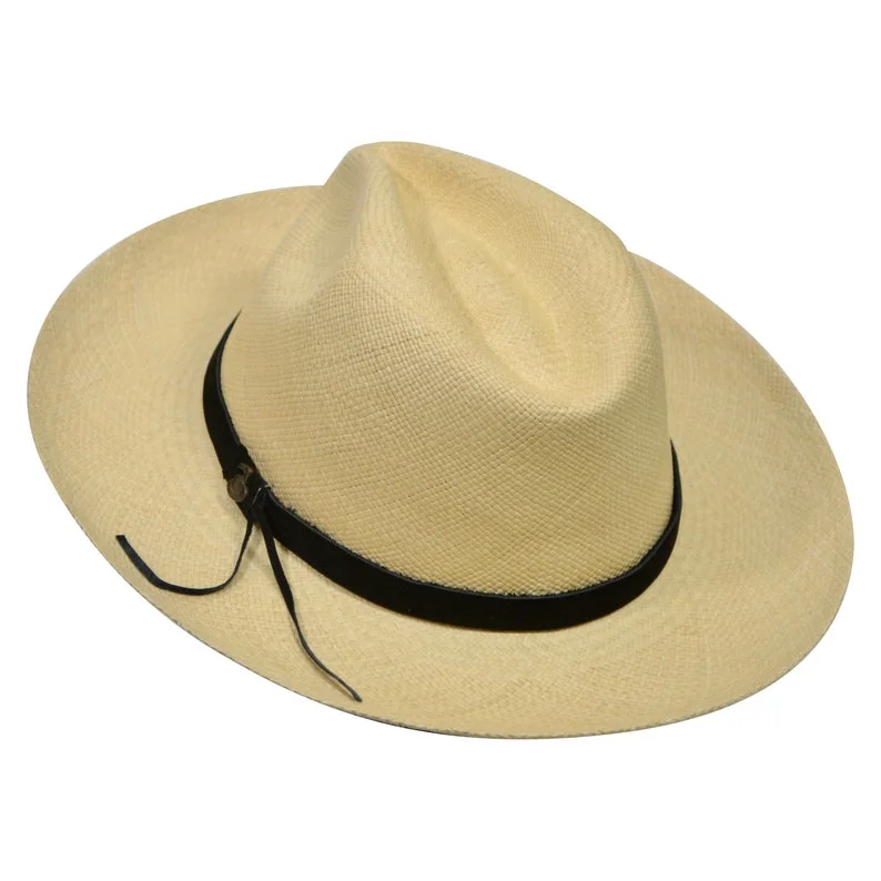 Original Panama Hat - Wide Brim Fedora - Natural Straw - Black Leather Band - Handmade in Ecuador by Ecua-Andino - EA - HatBox Included-FREE SHIPPING