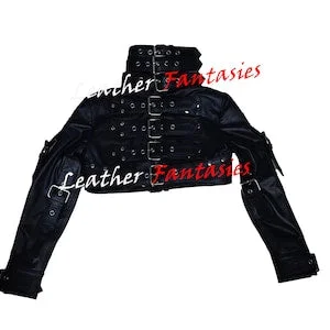 Pornhint Women Genuine Leather Fetish Stunning Bondage Cropped Jacket and mini Skirt Suit Ensemble with Buckle belt straps For Bdsm Adult Cosplay