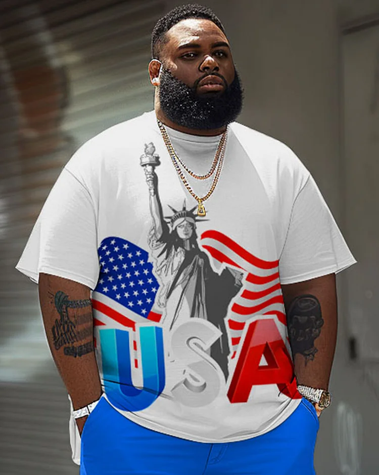 Men's Plus Size Independence Day Flag USA Printed Round Neck Short Sleeve T-Shirt