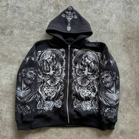 Jesus Vintage Graphic Loose Velvet Pocket Zip Hoodie