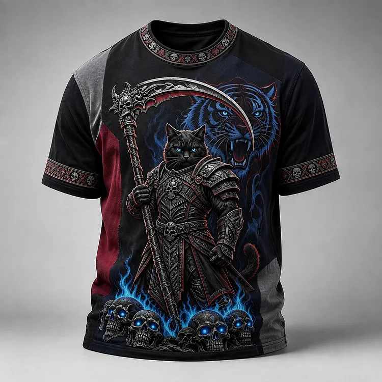 Men's Halloween Retro Color Block Dark Cat And Grim Reaper Print Short-sleeve T-shirt