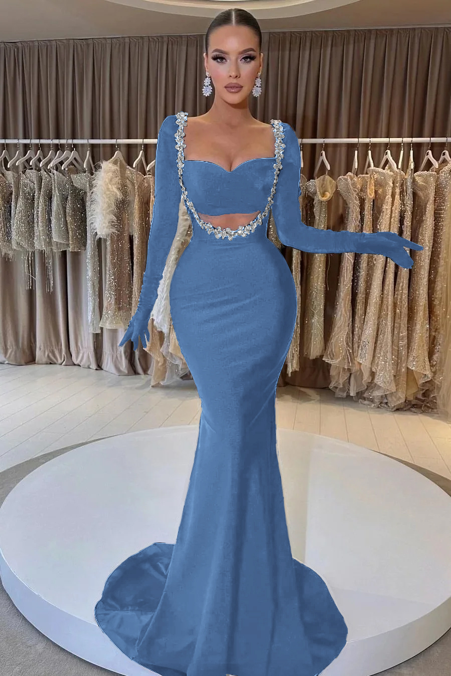 Hidais Charming Black Velvet Long Sleeve Beaded Long Mermaid Prom Dress With Gloves