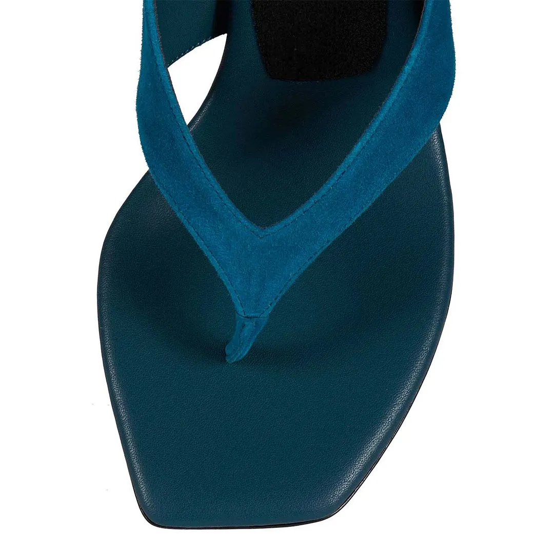 Blue Vegan Suede Patchwork Flip Flop Open Toe Spool Heeled Mules