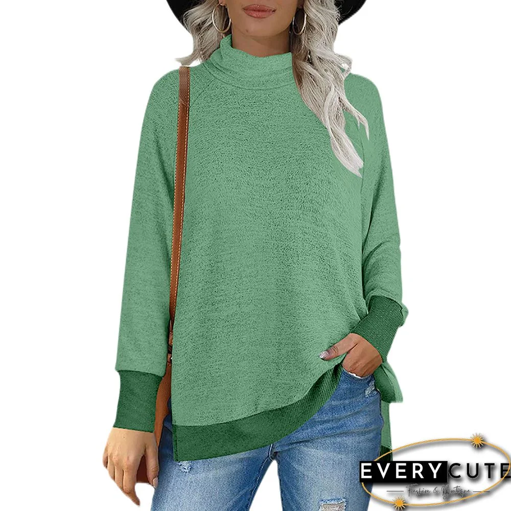 Green Color Block Heap Collar Long Sleeve Tops