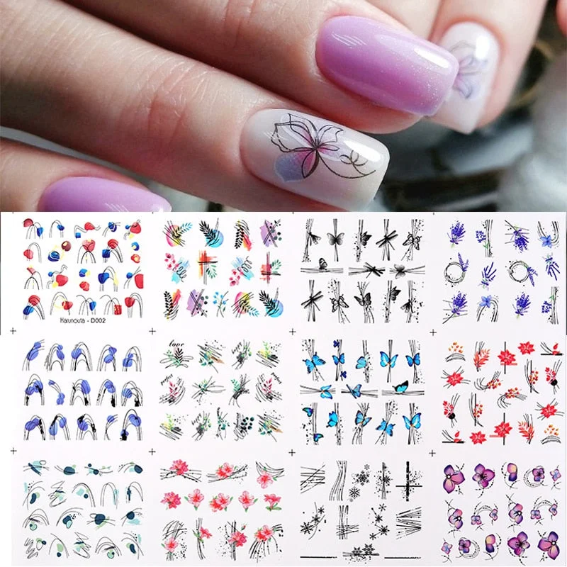 Harunouta 12Pcs/Set Love Letter Flower Sliders Water Decals Electrocardiogram Love Heart Lips Stickers For Nails Decoration