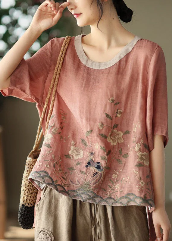 Loose Pink O-Neck Embroideried Linen Tanks Short Sleeve