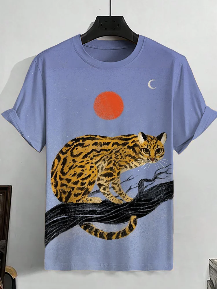 Men's Leopard Print Cat At Nigh Art Printed Casual T-Shirt