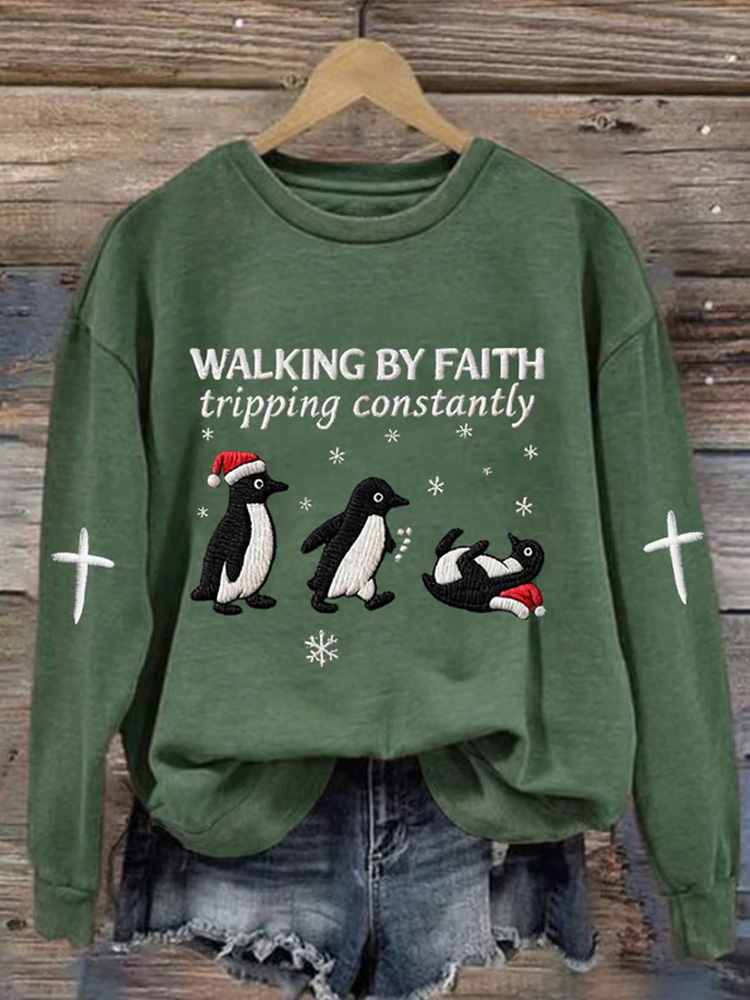 Retro Funny Christmas Goose Walking By Faith Tripping Constantly Print Sweatshirt wearshes
