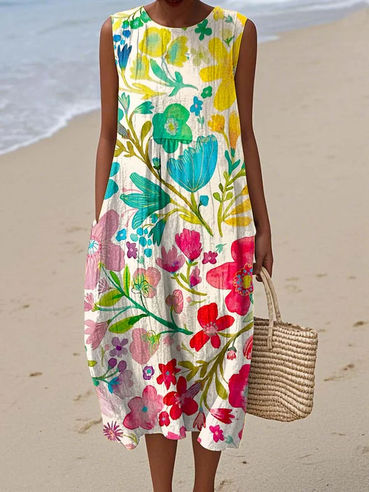 Women's Vintage Floral Art Print Sleeveless Cotton Pocket Wrap Dress