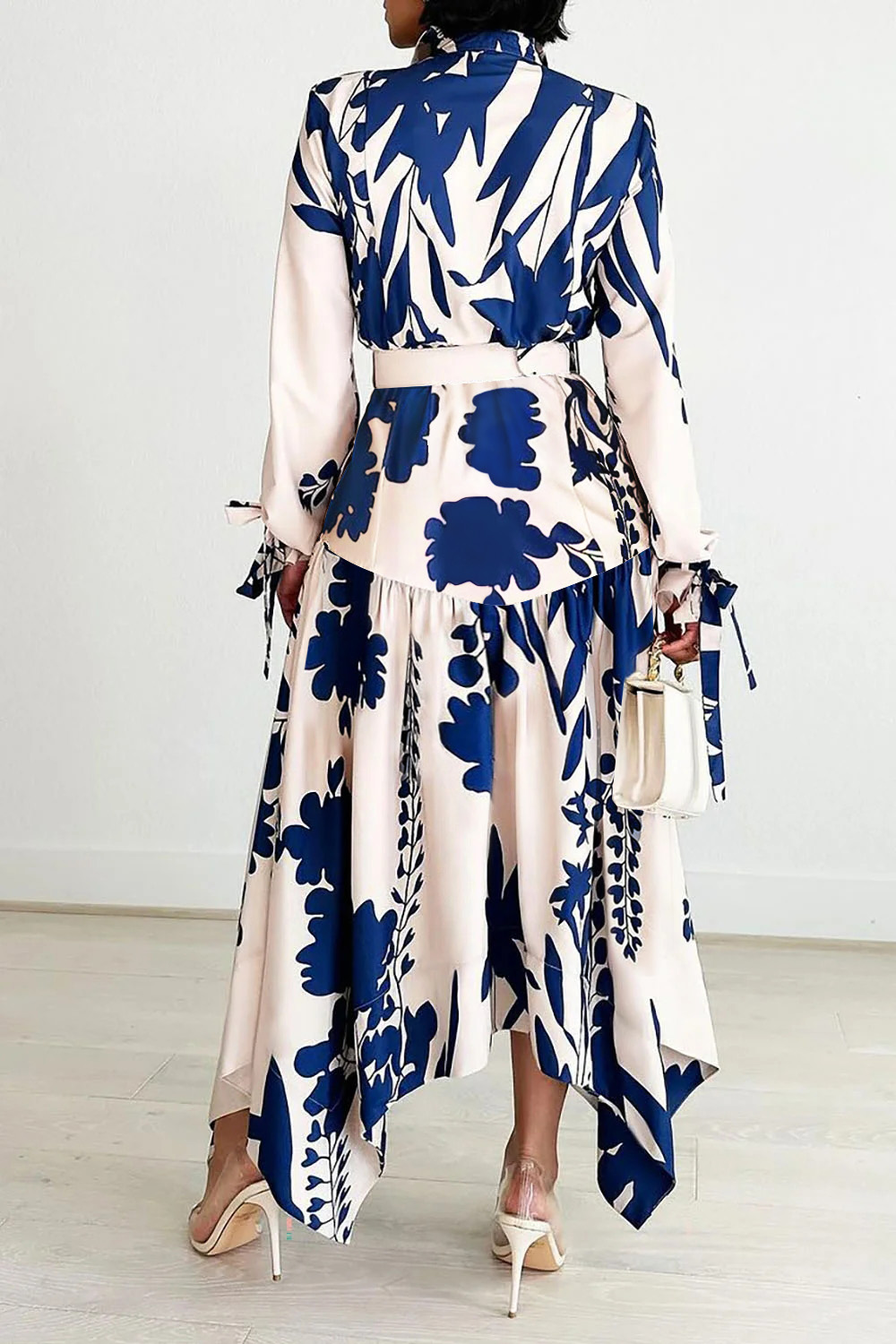 Plus Size Daily Maxi Dresses Elegant Blue Floral Fall Winter Shirt Collar Long Sleeve Asymmetric Hem Maxi Dresses
