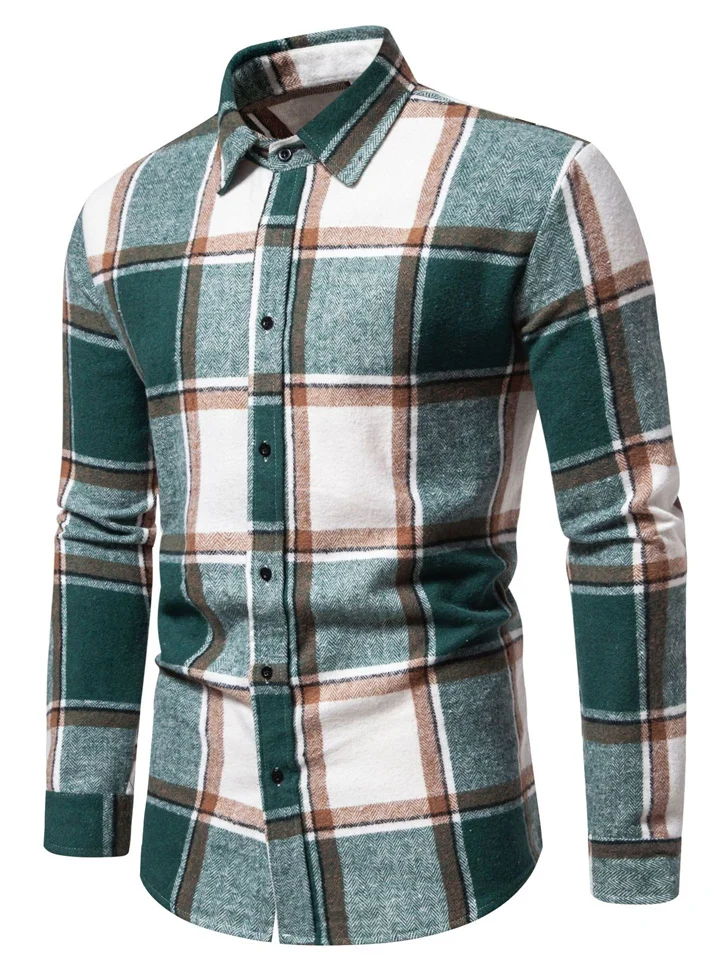 Autumn and Winter New Multi-color Men's Plaid Loose Casual Lapel Long-sleeved Shirt Thickened Shirt Cardigan-Cosfine