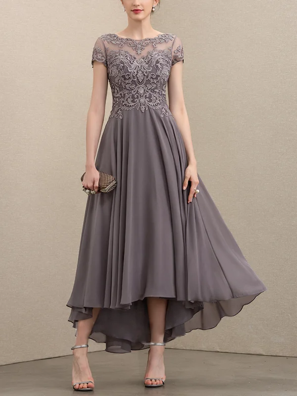 Asymmetric Chiffon Lace Mom of the Bride Dress with Beaded Sequins