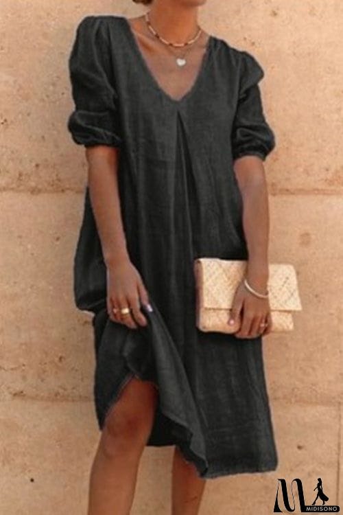 MidiSono - Casual Solid Loose V Neck Three-quarter Sleeve Dress