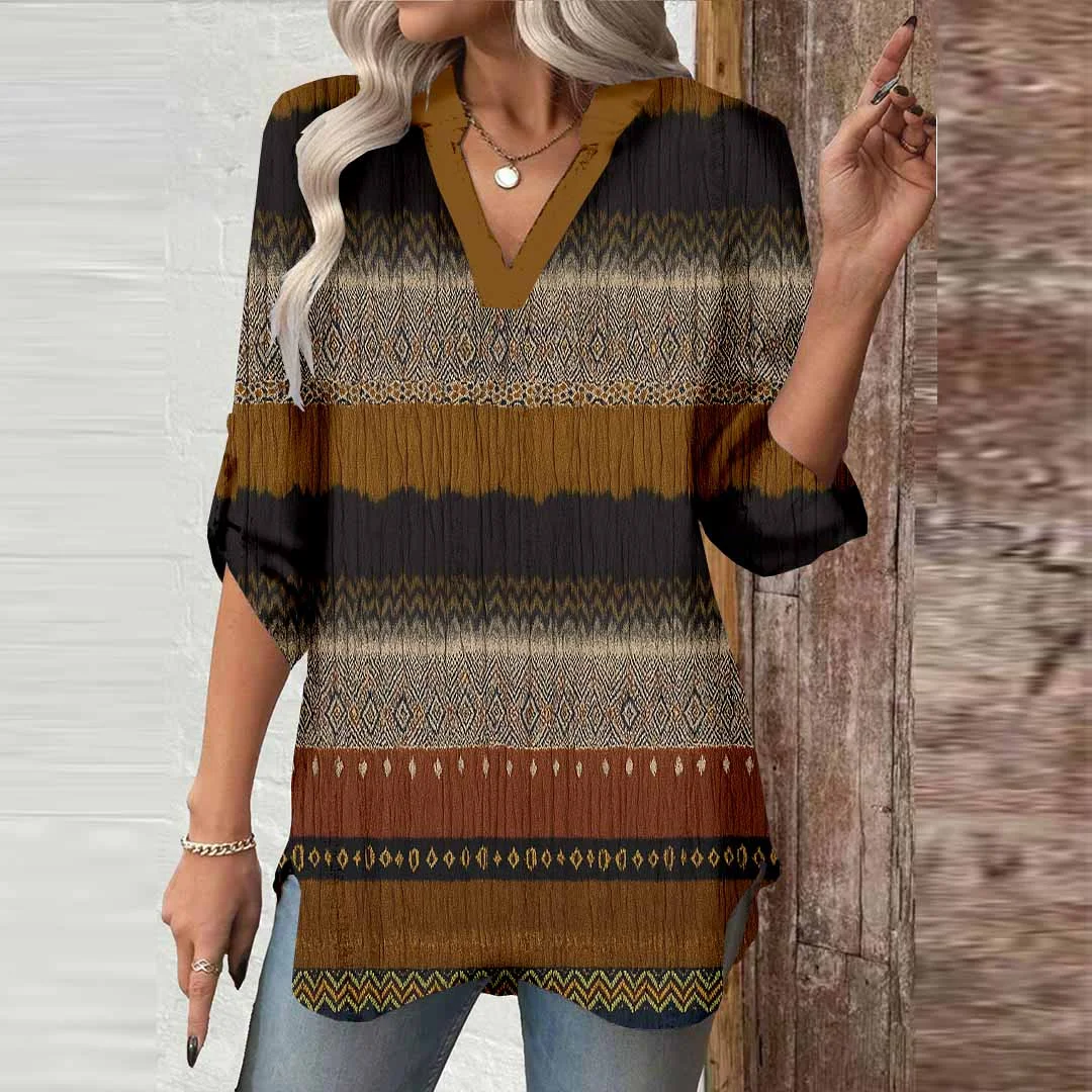 Women Striped, Brown, Black DZGA0330 3/4 Sleeve V-neck Printed Graphic Button Tops