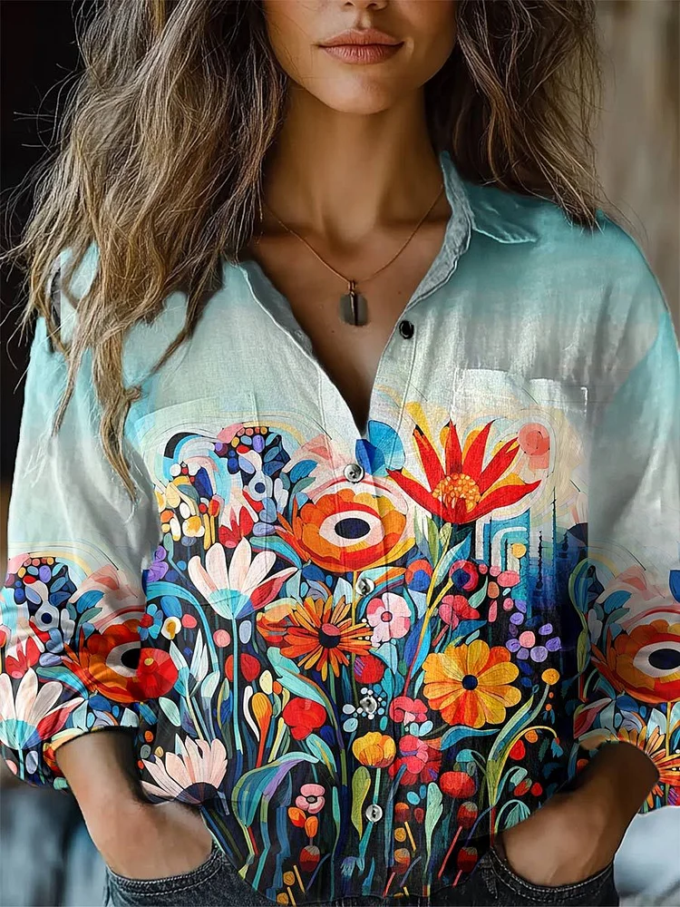 Womens Flower Print Casual Long Sleeve Comfortable Cotton Shirt