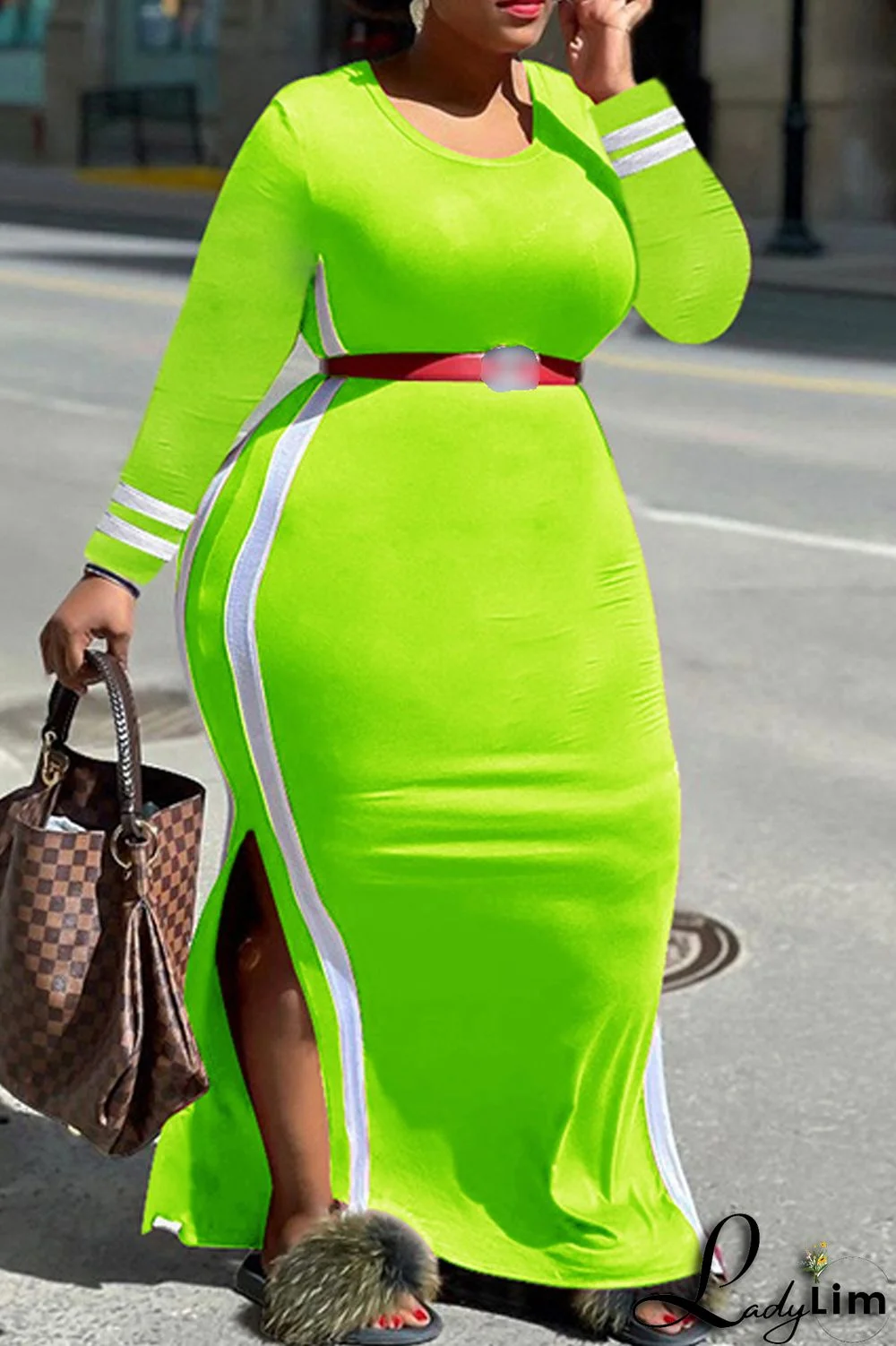 Orange Fashion Casual Striped Patchwork Slit O Neck Long Sleeve Plus Size Dresses (Without Belt)