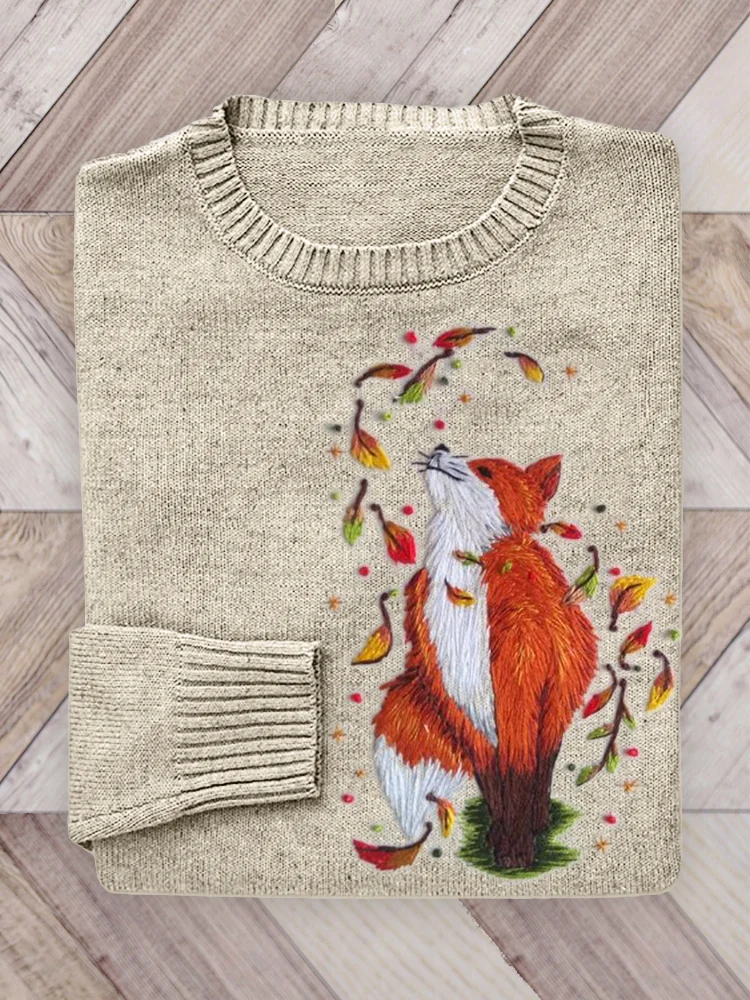 VChics Fox & Falling Leaves Embroidery Art Cozy Knit Sweater