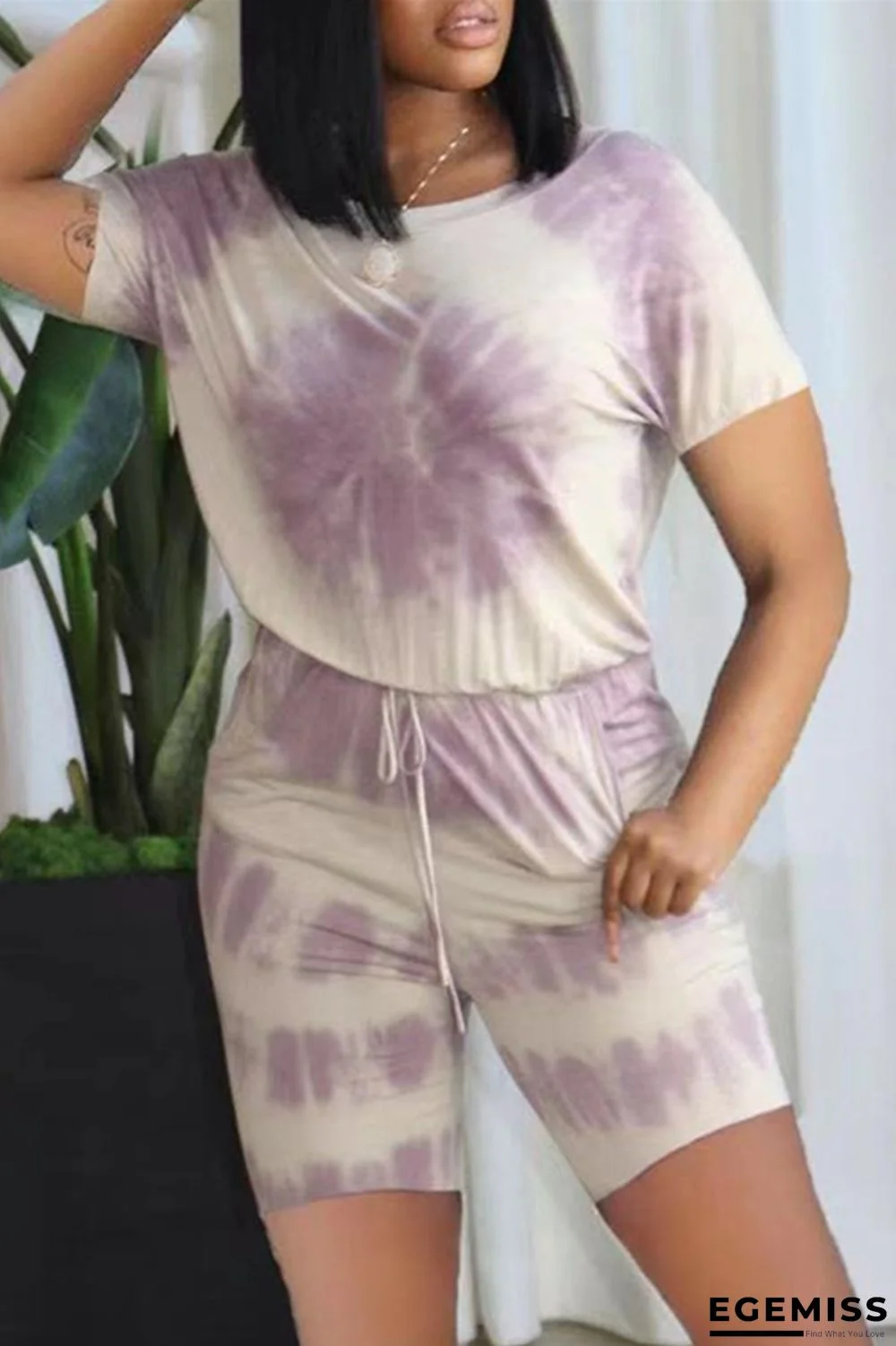 Light Purple Fashion Casual Print Basic O Neck Regular Romper | EGEMISS