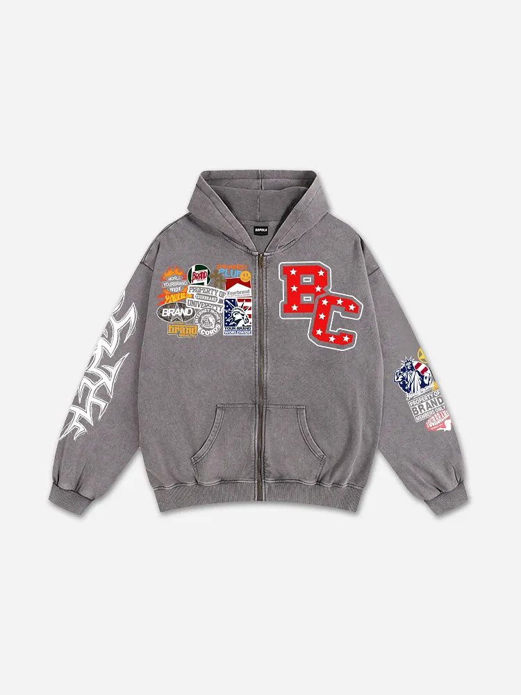 Vintage Warzone Peace Club Graphic Acid Washed Oversized Zip-Up Hoodie