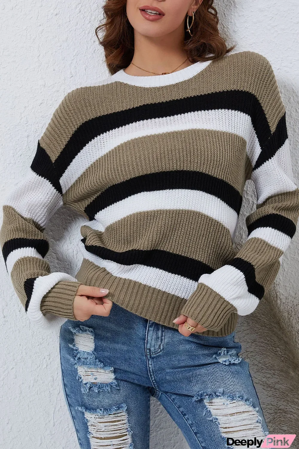 Gray Striped Colorblock Pattern Knit Sweater