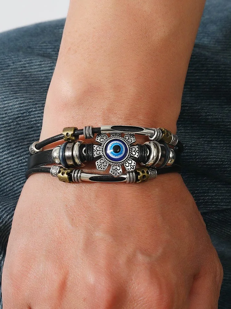 Men's Resort Stainless Steel Devil's Eye Leather Bracelet
