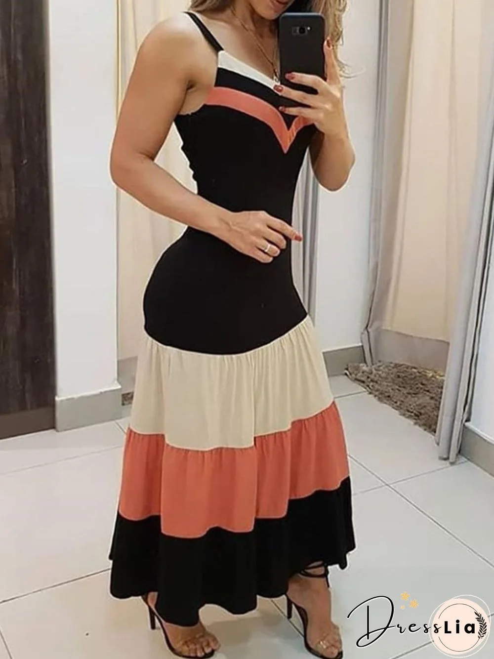 Casual V-neck Sphagetti Colorblock Maxi Dress P10671
