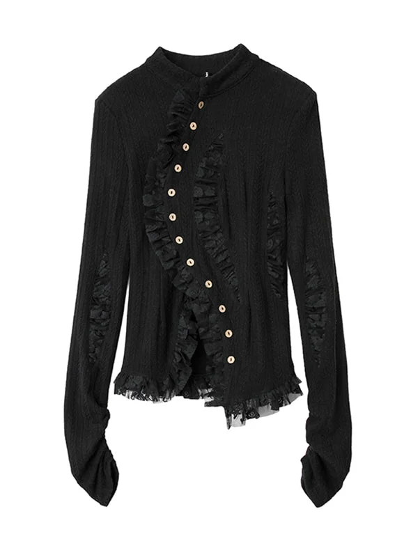 Stylish Black Stand Collar Asymmetric Buttoned Hollow Lace Long Sleeve Knit Top