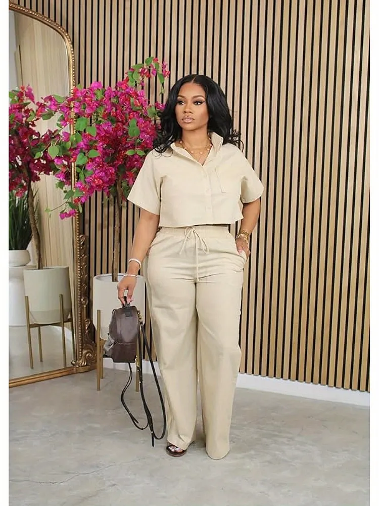 Womens Two-Piece Solid Color Clothes Short-Sleeved Button-Cut Top Drawstring Pants Suit