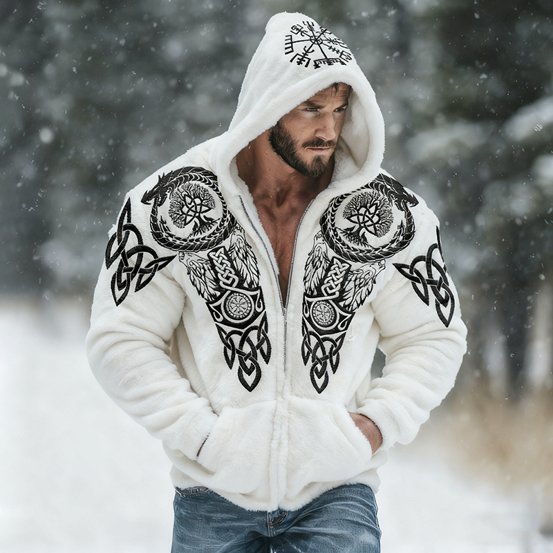 Men's Viking Tribal Jacquard Celtic With Bear Paw Inspired Art Plush Warm Zipped Hooded Jacket elevenforest