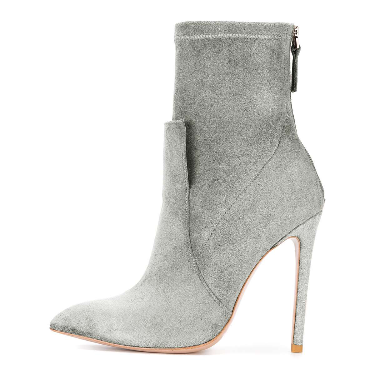 GOOSHOE Grey Suede Stiletto Ankle Boots With Zip And Pointy Toe