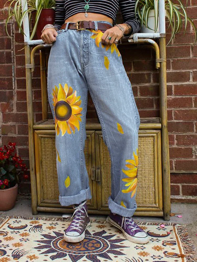 Plus Size Sunflower Print Women Denim Jeans