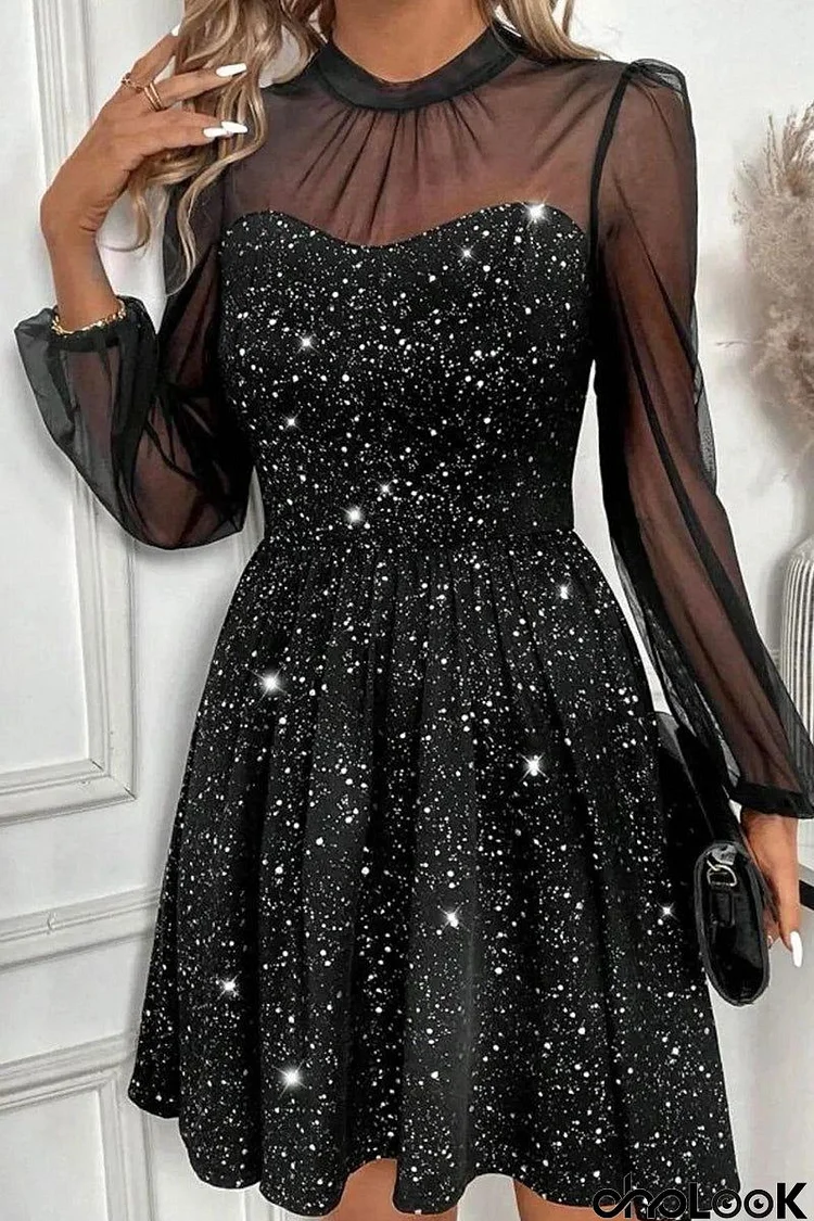 Sweet Solid Sequins Patchwork Mesh O Neck A Line Dresses